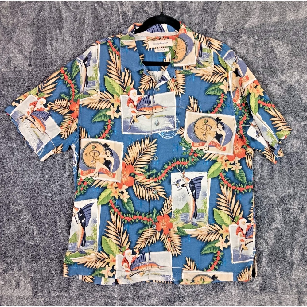 Tommy Bahama Silk Christmas Santa Cocktail Shirt Size Large Short Sleeve